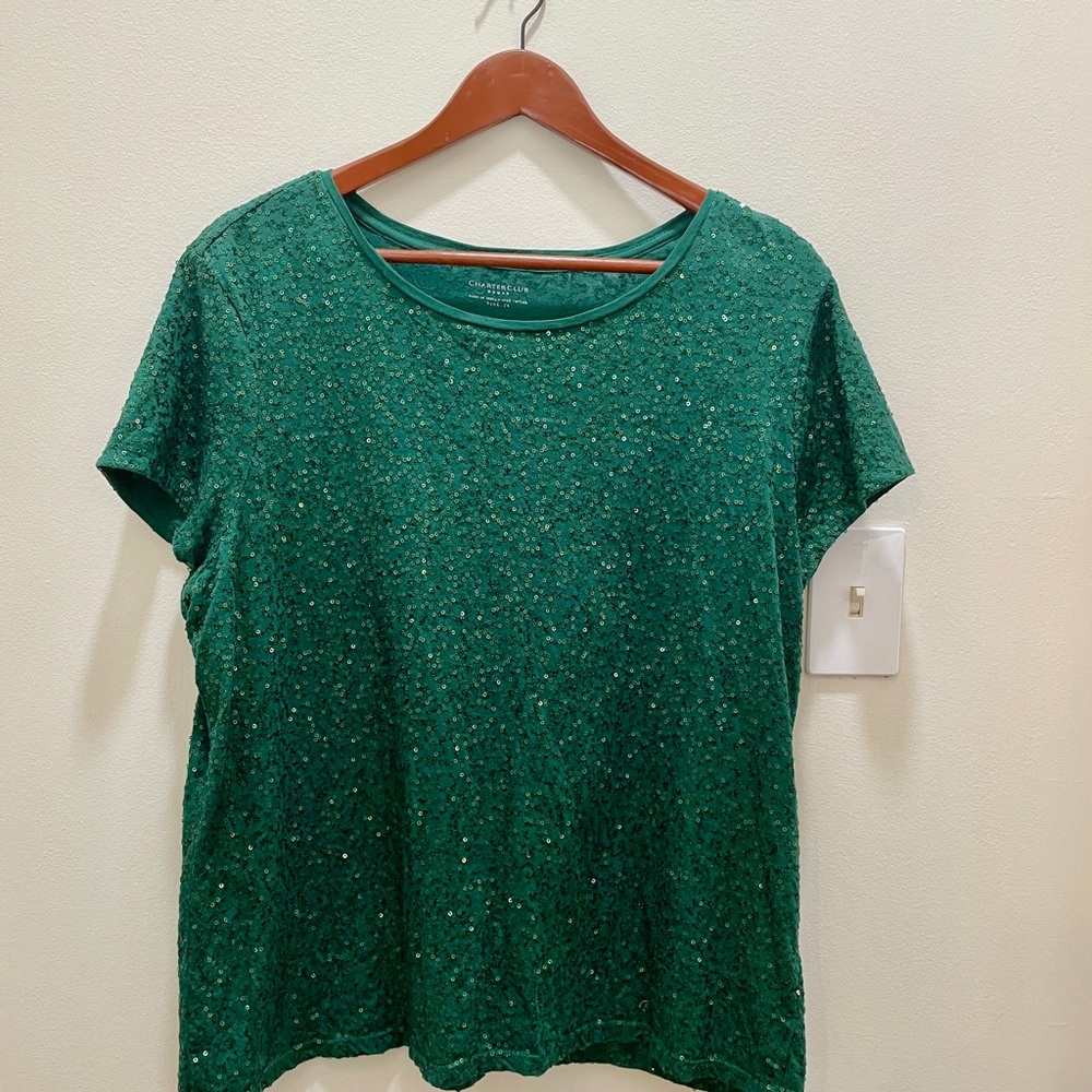 Charter Club Emerald Green Sequin Short Sleeve Top